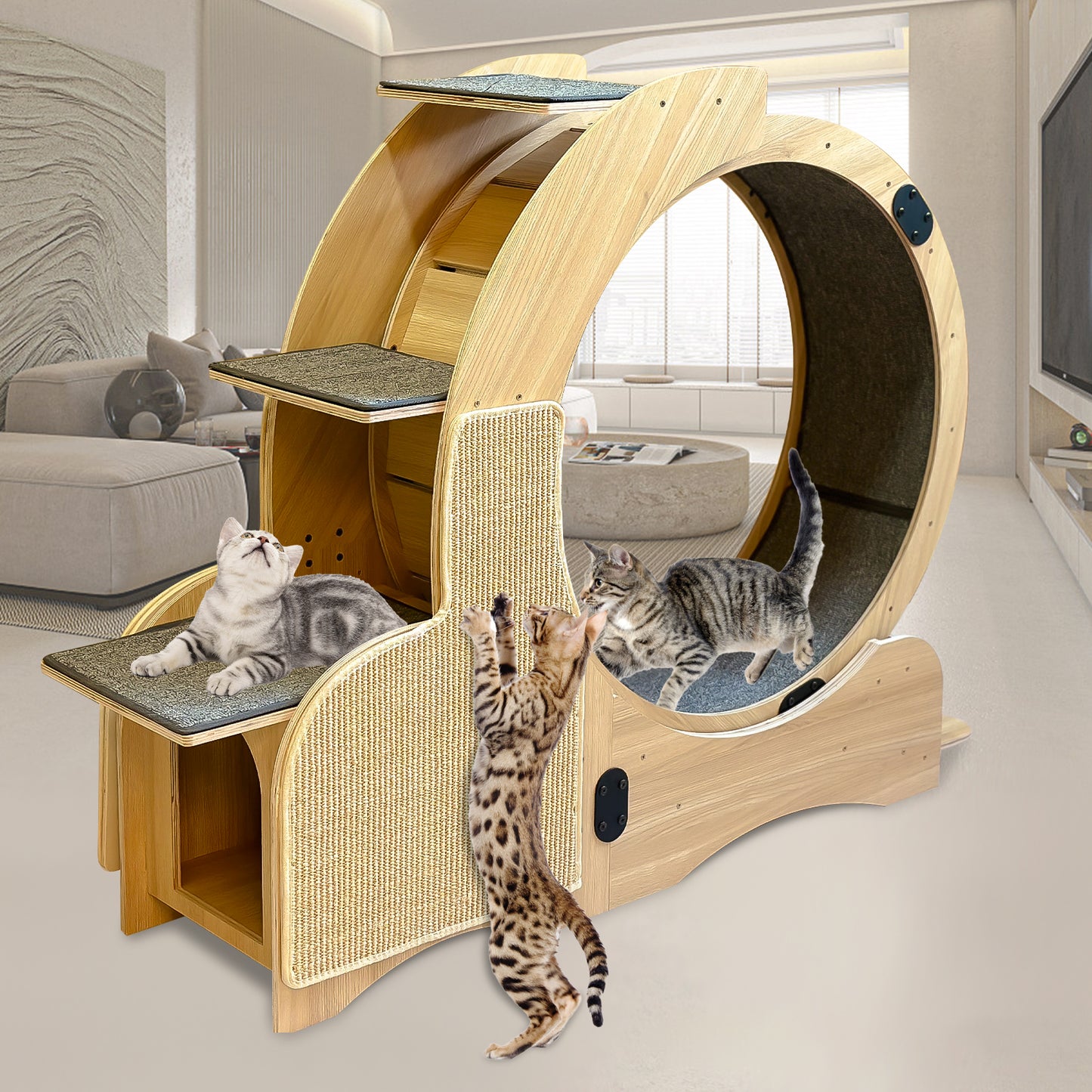Large 5-in-1 Wooden Cat Activity Center with Exercise Wheel