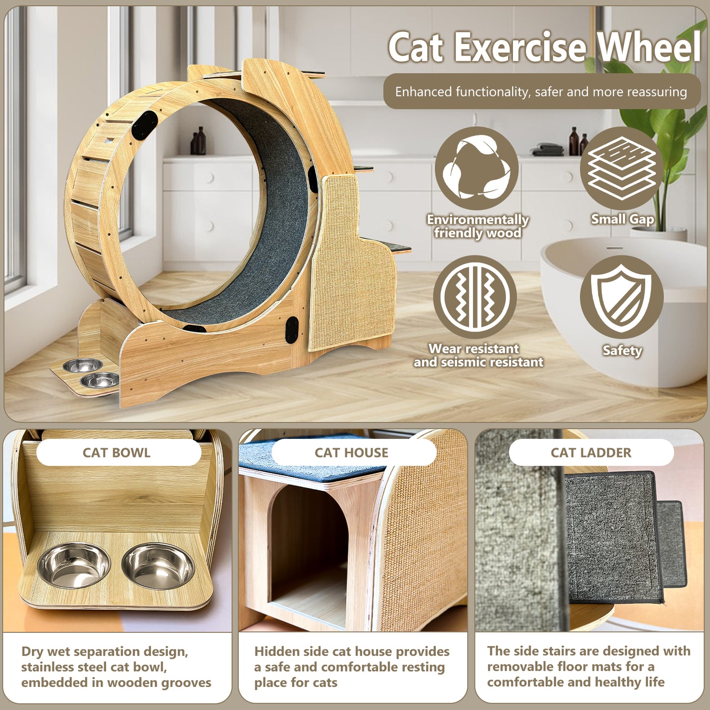 Large 5-in-1 Wooden Cat Activity Center with Exercise Wheel